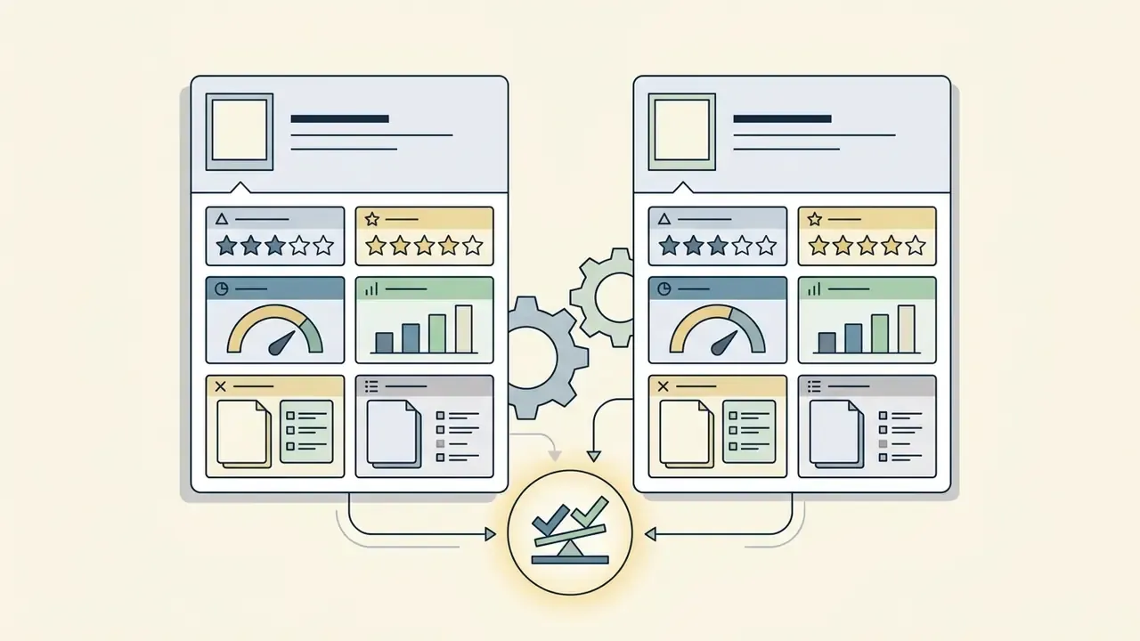 Two digital profile cards with star ratings and data charts being compared by a central balancing icon