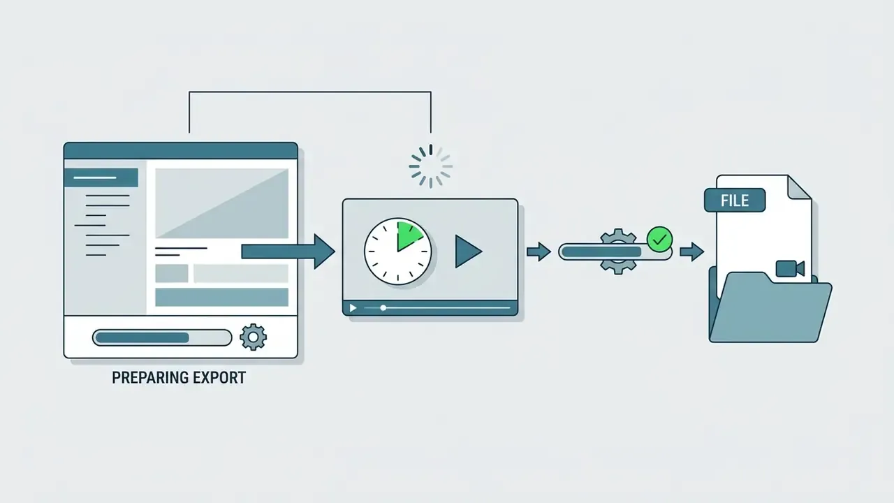 Video editing software preparing an export, playing an advertisement, and saving a final file to a folder