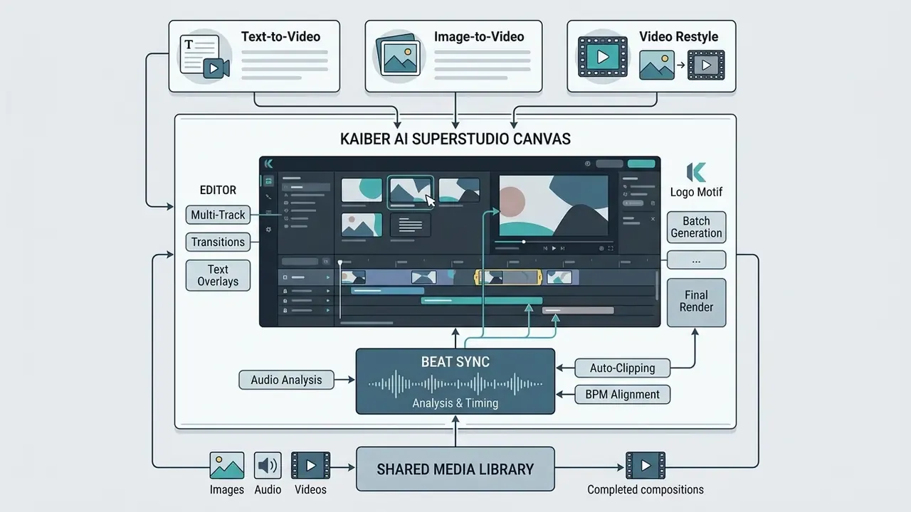 Diagram showing the Kaiber AI Superstudio Canvas workflow with video editing and audio synchronization tools