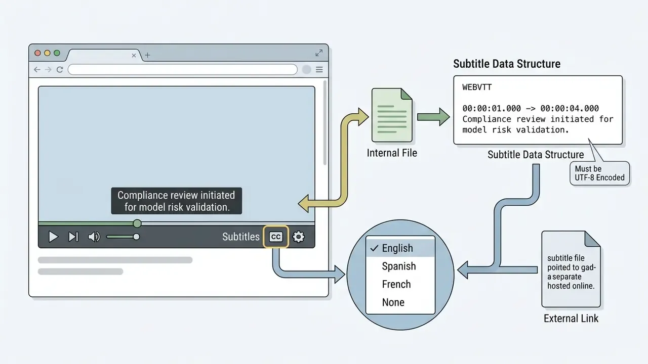 Flowchart showing how internal and external WEBVTT files provide subtitle text to a browser interface