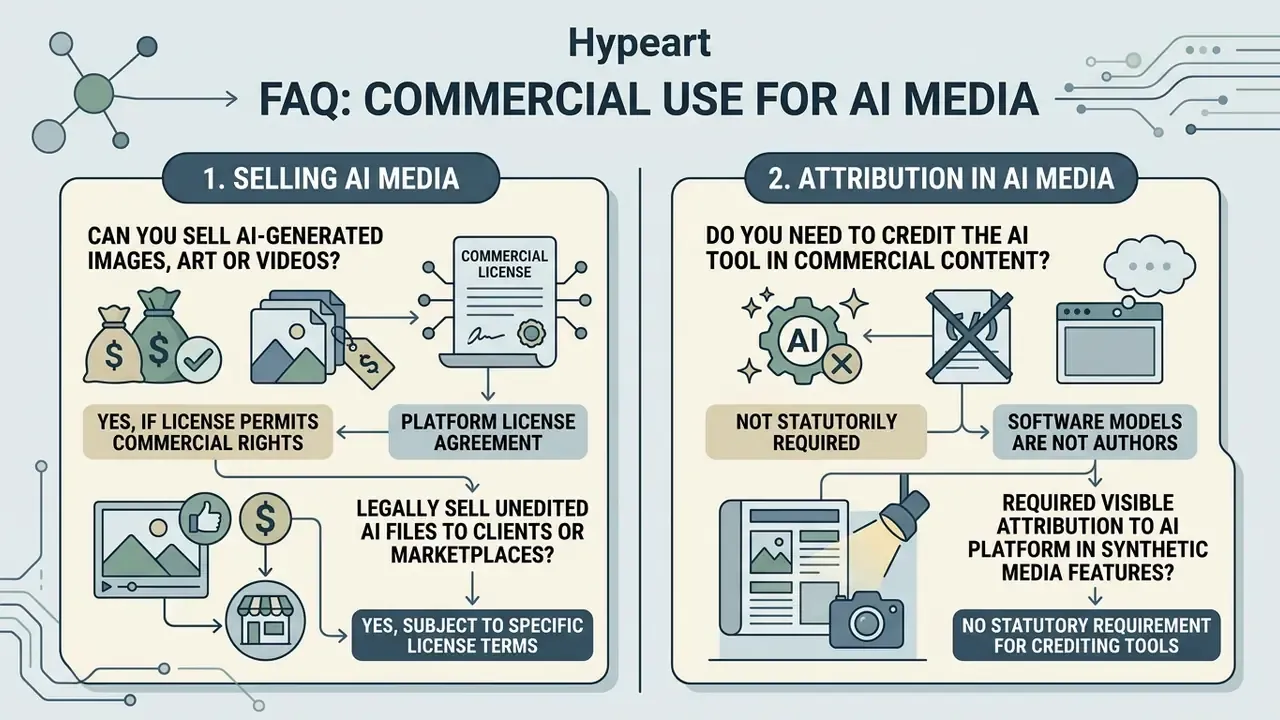 Two panels explaining rules for selling AI content and requirements for crediting AI tools in media