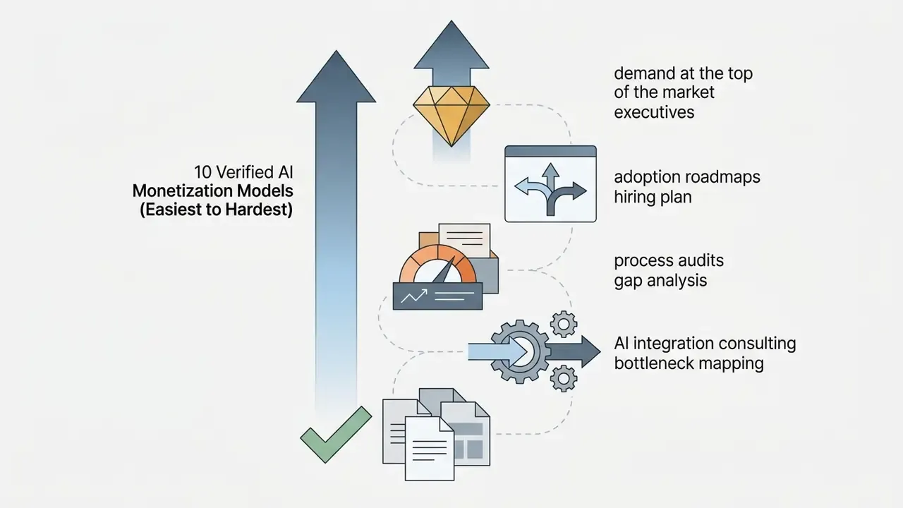 Business icons showing a progression from document analysis to executive consulting and market demand