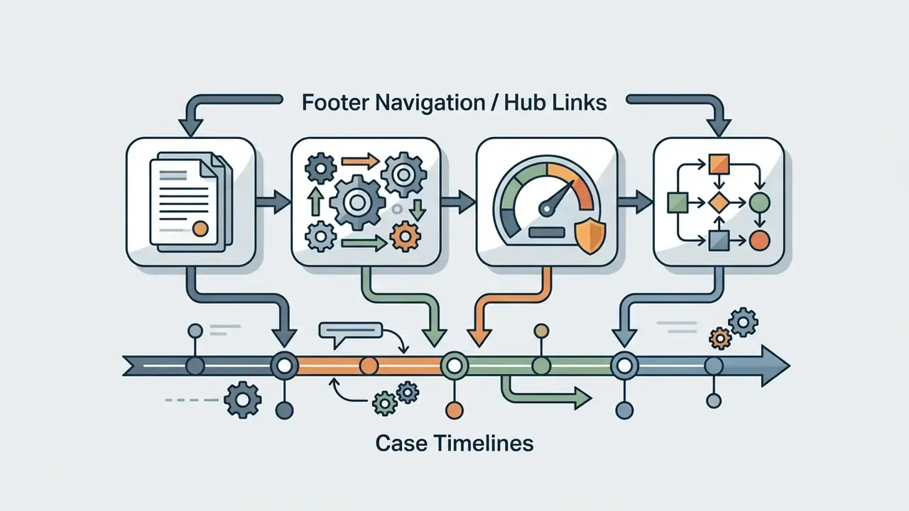 Document and processing icons feeding into a timeline that tracks legal case progression and milestones