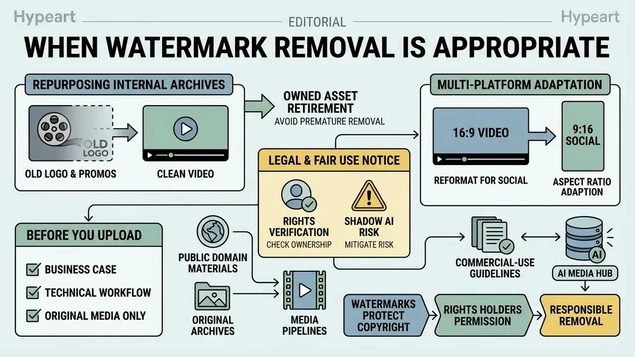 Flowchart outlining the ethical and practical considerations for using an online video watermark remover