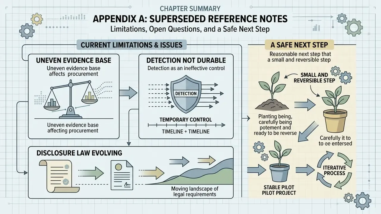 Summary of current limitations in evidence, detection, and law alongside a model for iterative pilot projects