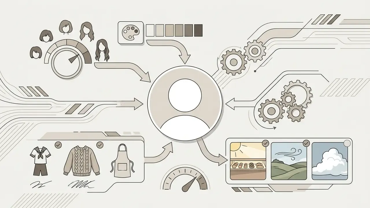 Central character icon connected to selectors for hair, vintage clothing, and scenic backgrounds