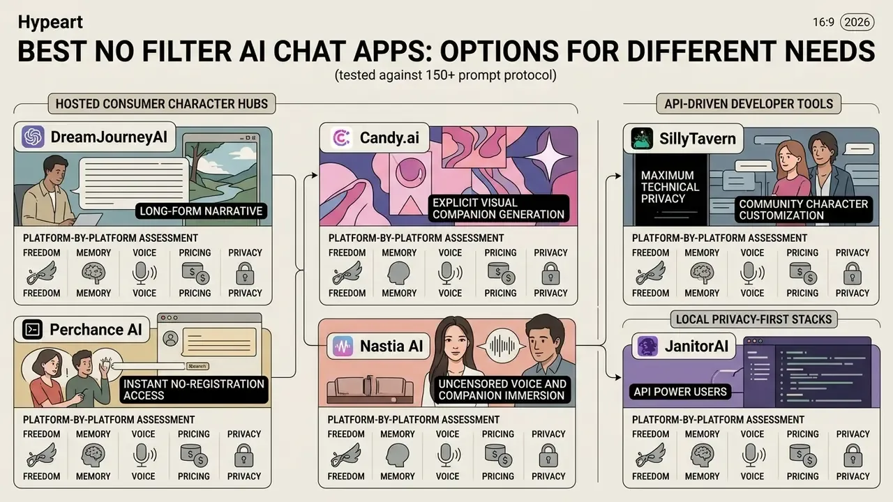 Categorized infographic comparing consumer character hubs, developer tools, and local privacy-focused stacks