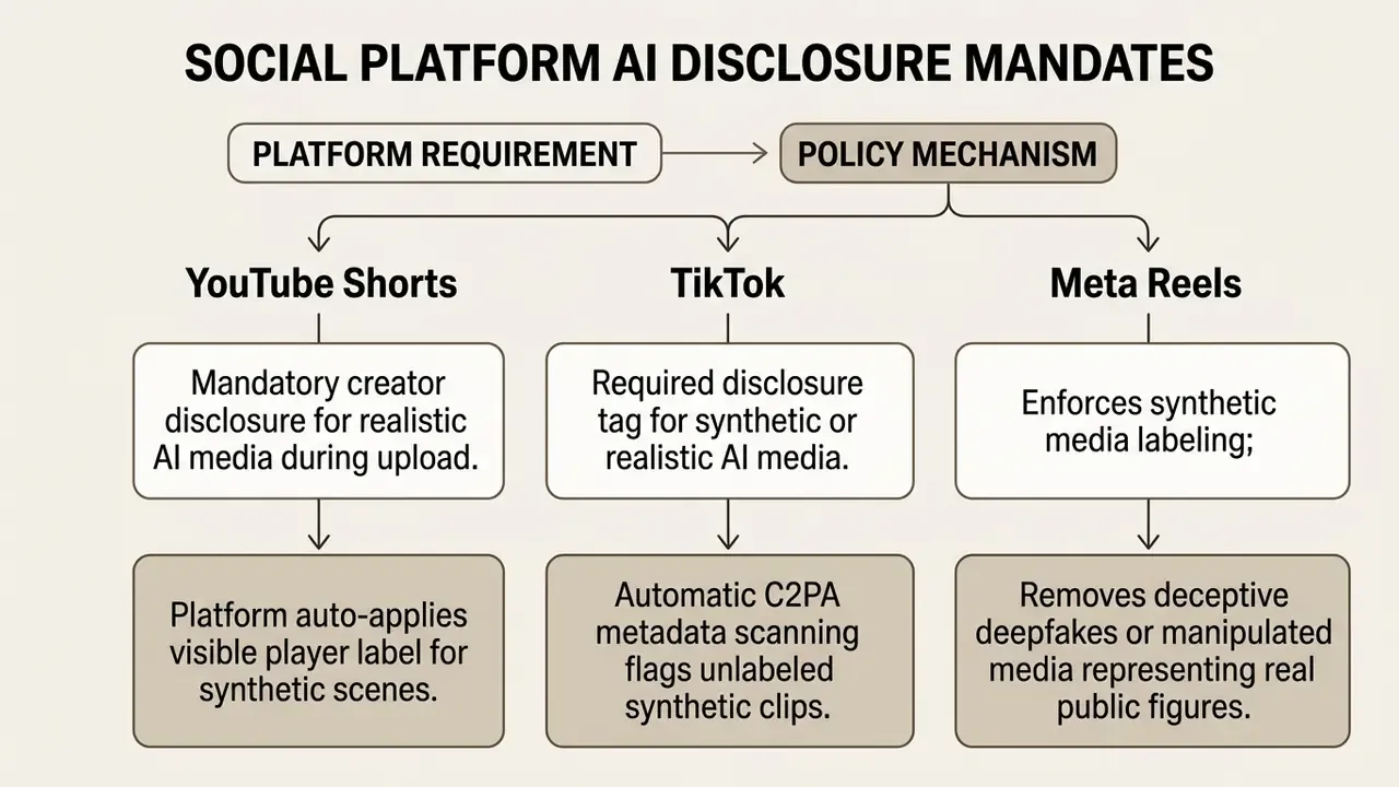 Comparison chart outlining AI disclosure requirements and policy mechanisms for YouTube, TikTok, and Meta Reels