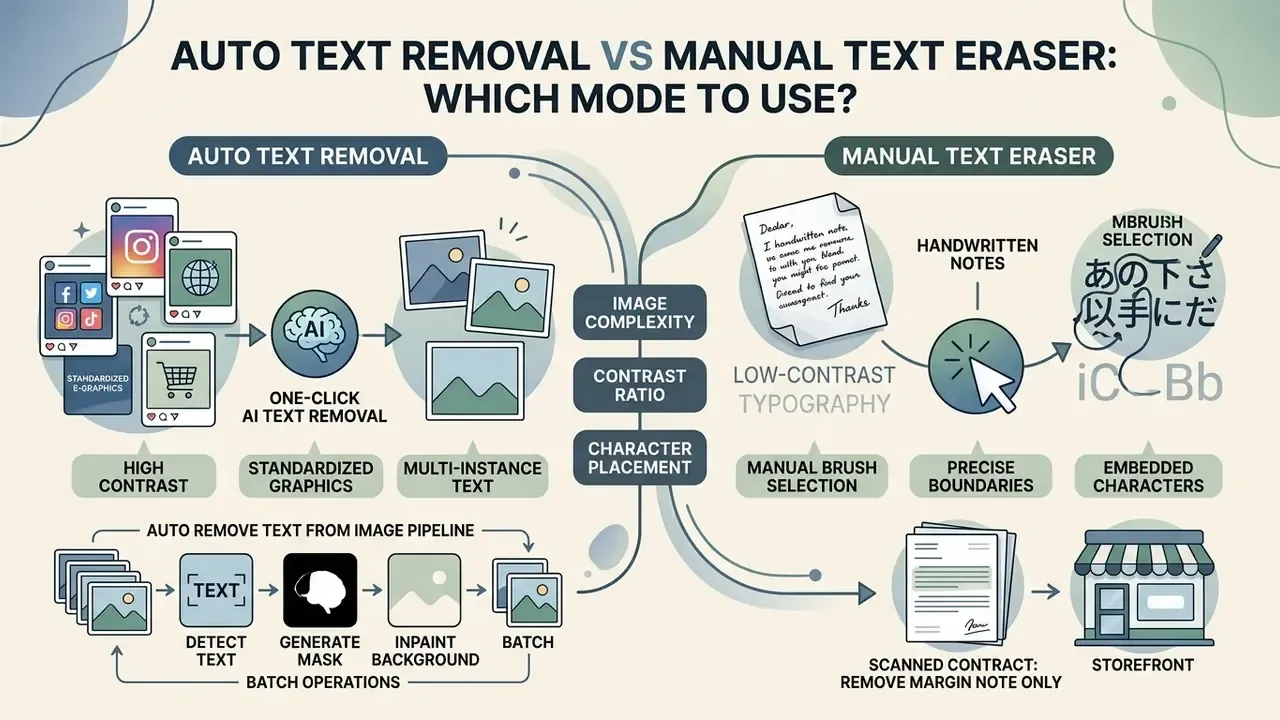 Comparison infographic showing AI automated text removal workflows versus manual brush eraser techniques