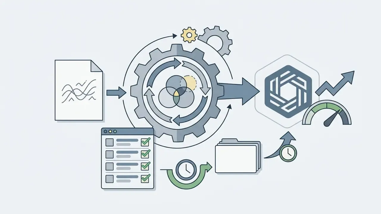 Document sketch processed through a gear mechanism to create a refined logo icon and efficiency metrics