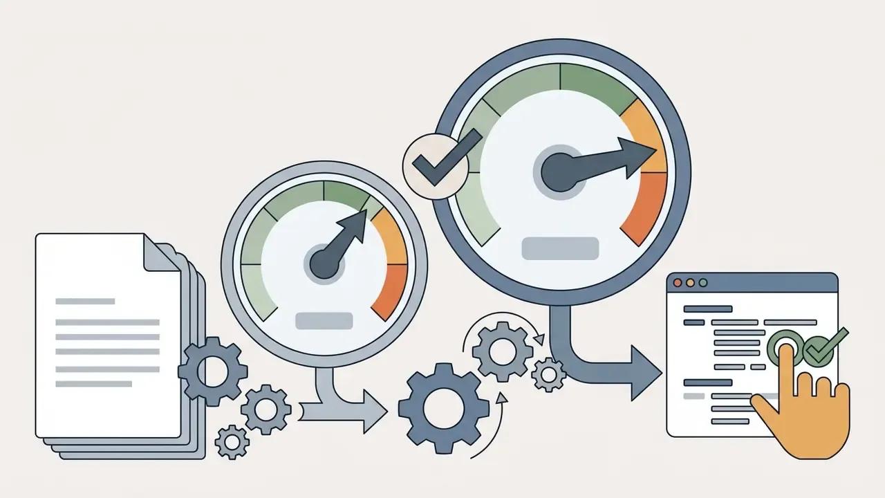 Two gauges and gears representing an AI subtitle generator process requiring manual review and editing