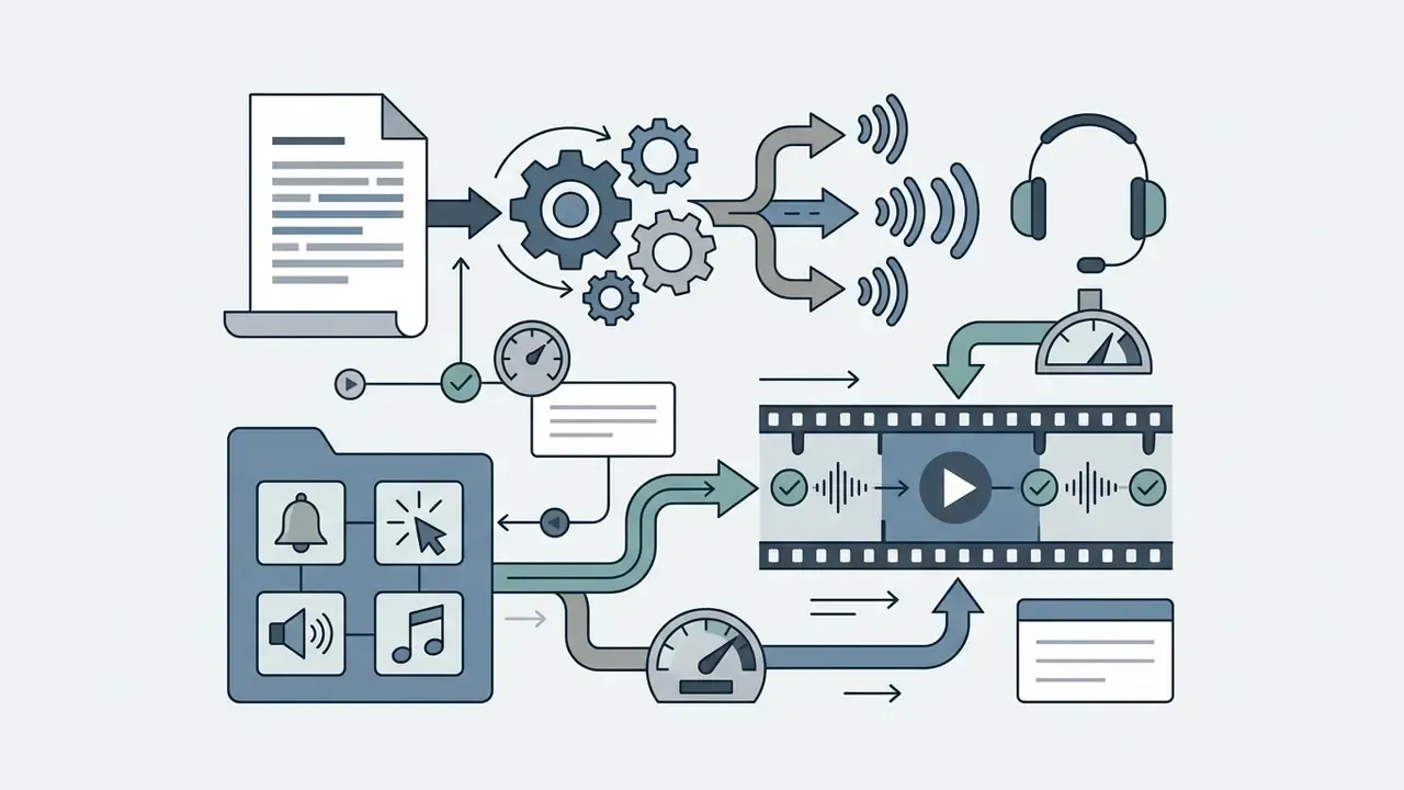Text document and sound library icons feeding into audio processing gears and video timeline elements