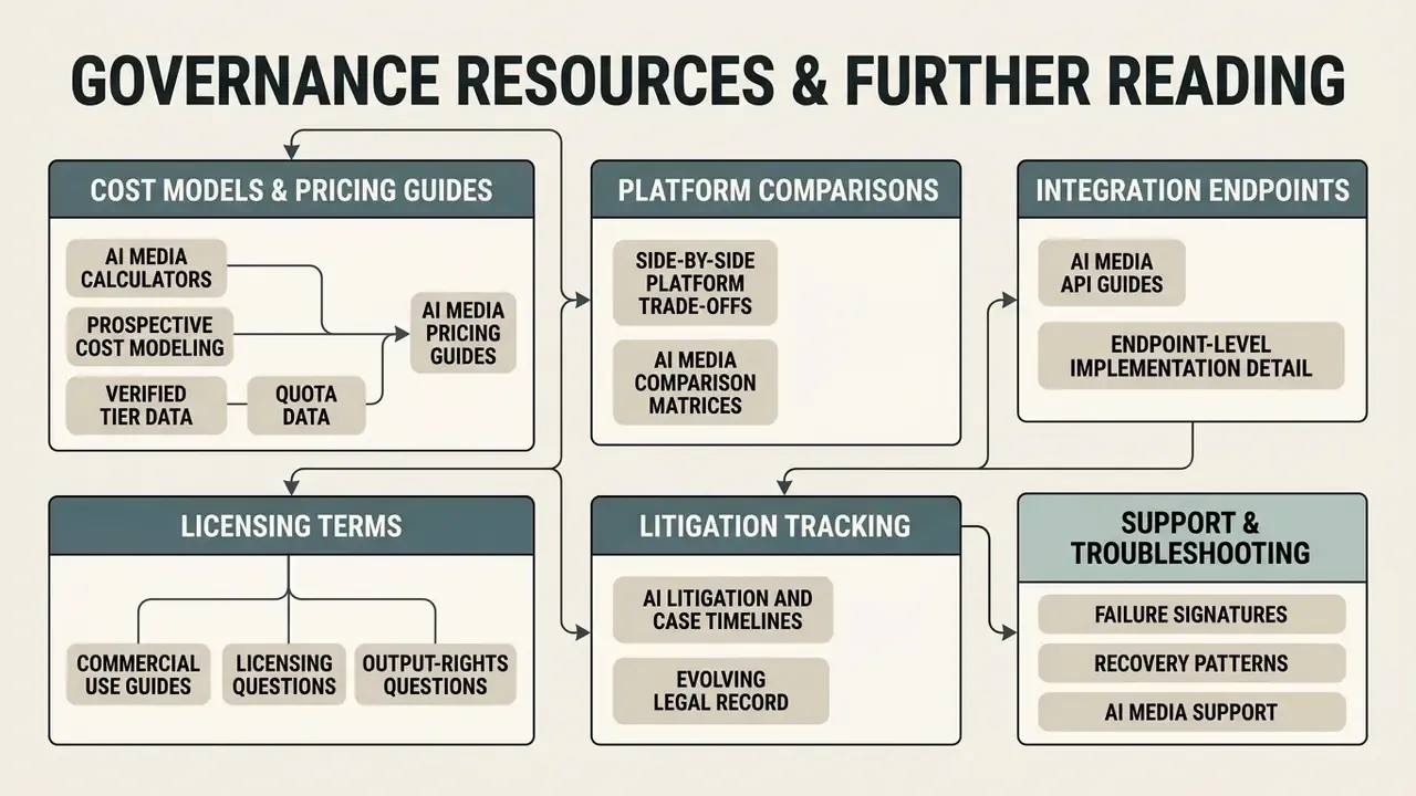 Diagram mapping hubs for cost models, platform trade-offs, API integration, licensing, and litigation tracking