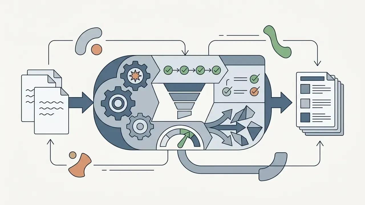 Documents entering a gear-driven processing unit that filters concepts into structured content outlines