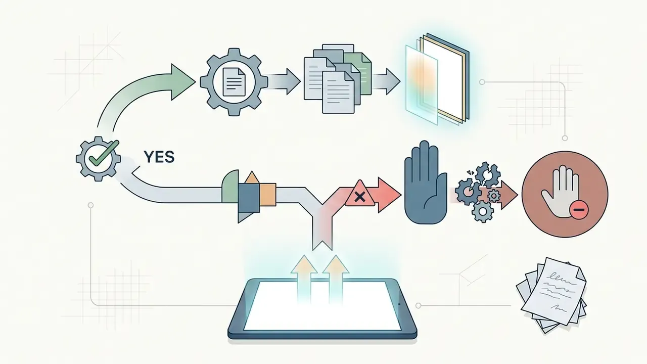 Branching path showing document processing versus a stop sign icon indicating manual intervention required