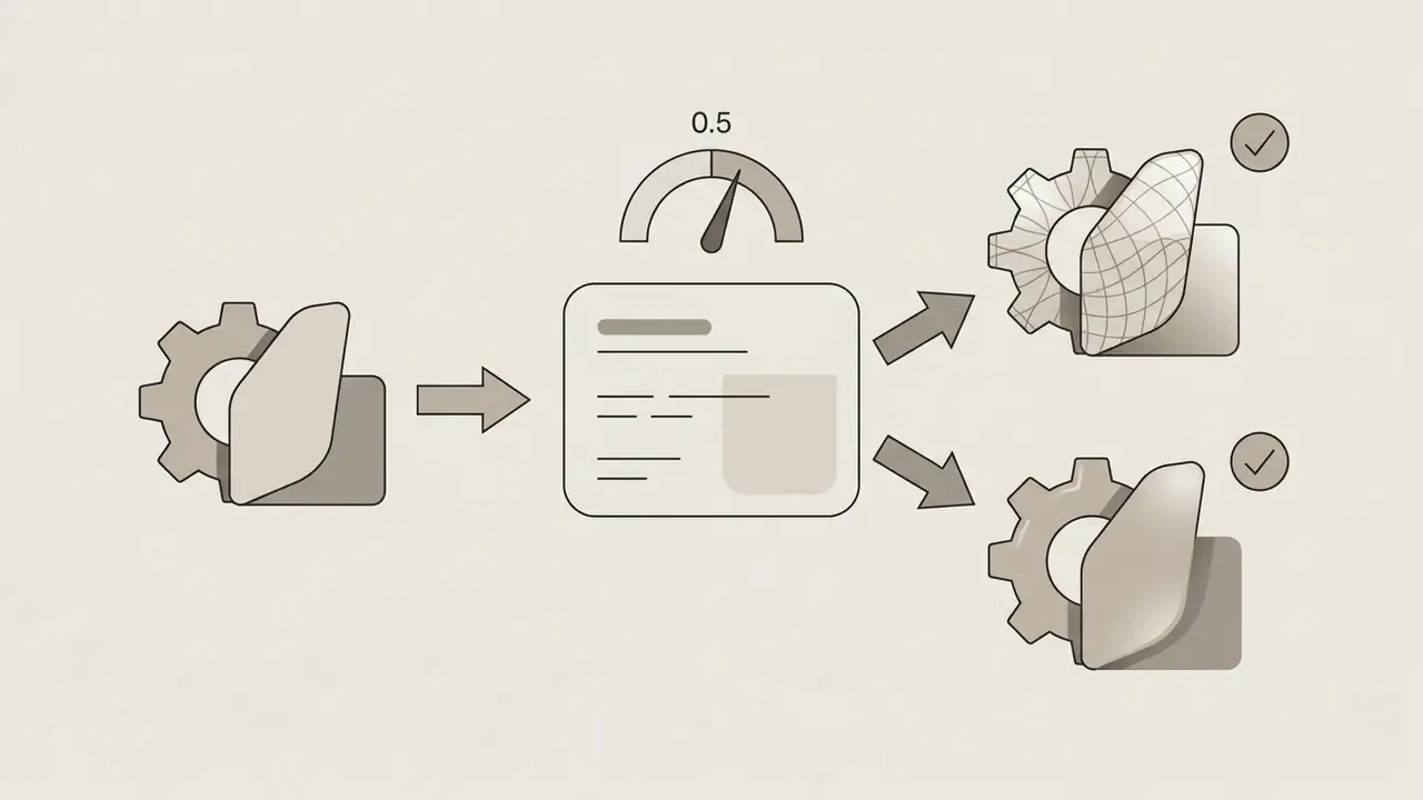 Document icon passing through a processor with a 0.5 gauge to create two distinct output variations