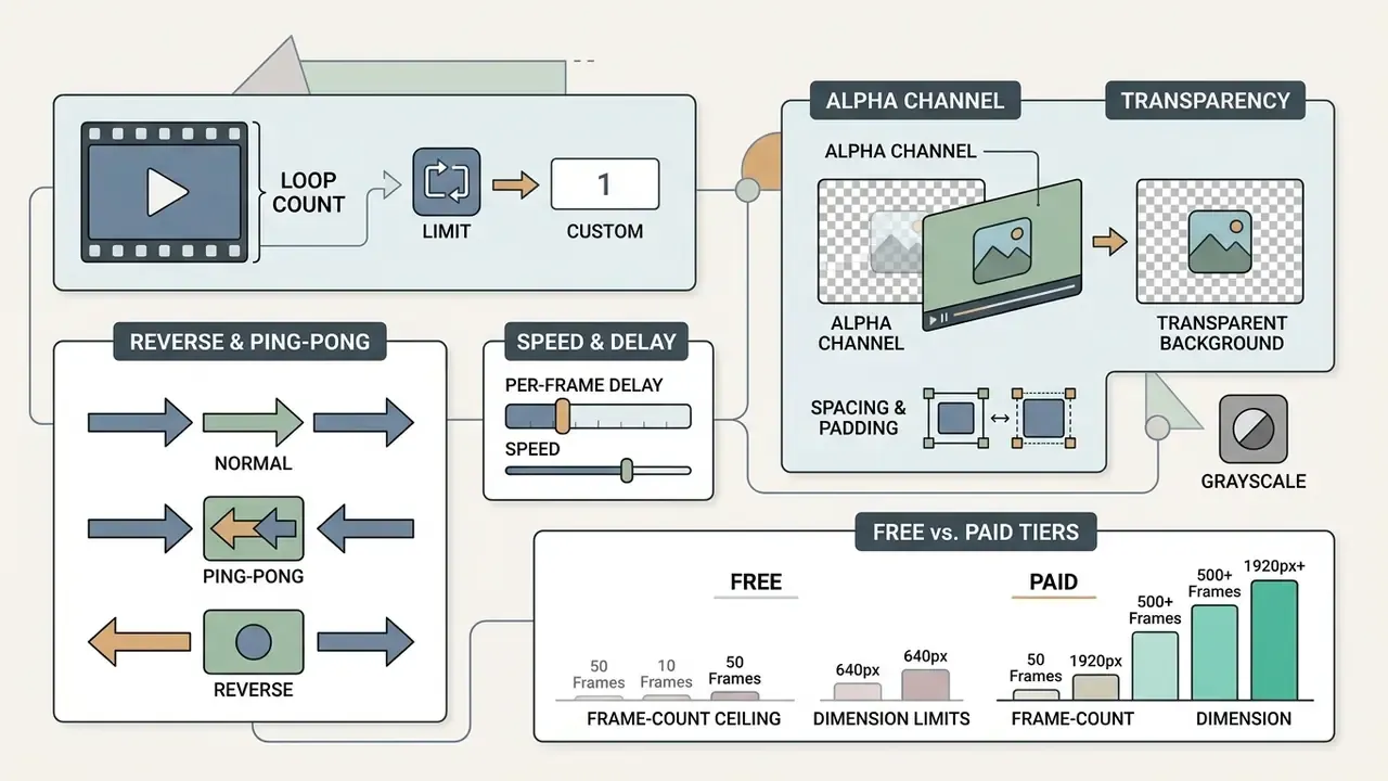 Infographic detailing loop settings, transparency options, and differences between free and paid tiers