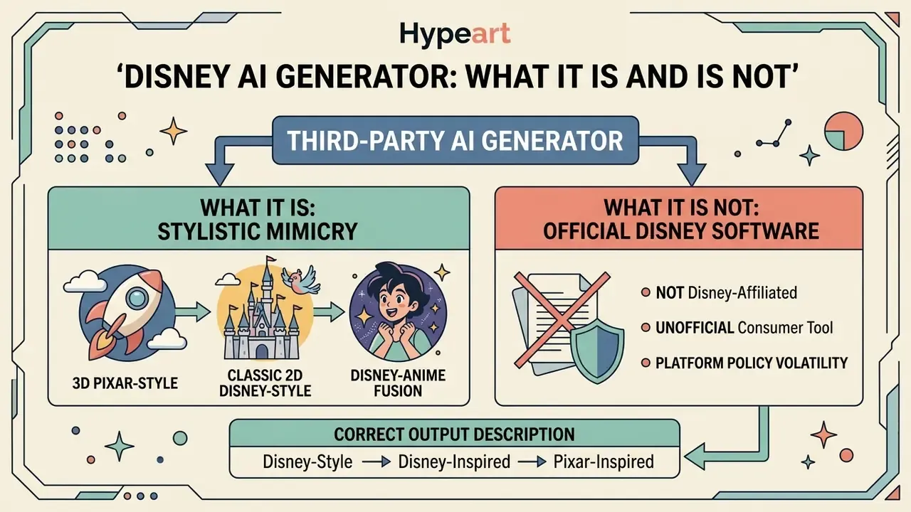 Infographic explaining that a Disney AI generator mimics animation styles but is not official software