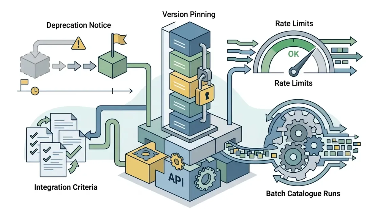 API tower with version pinning and rate limit gauges processing integration criteria and batch runs