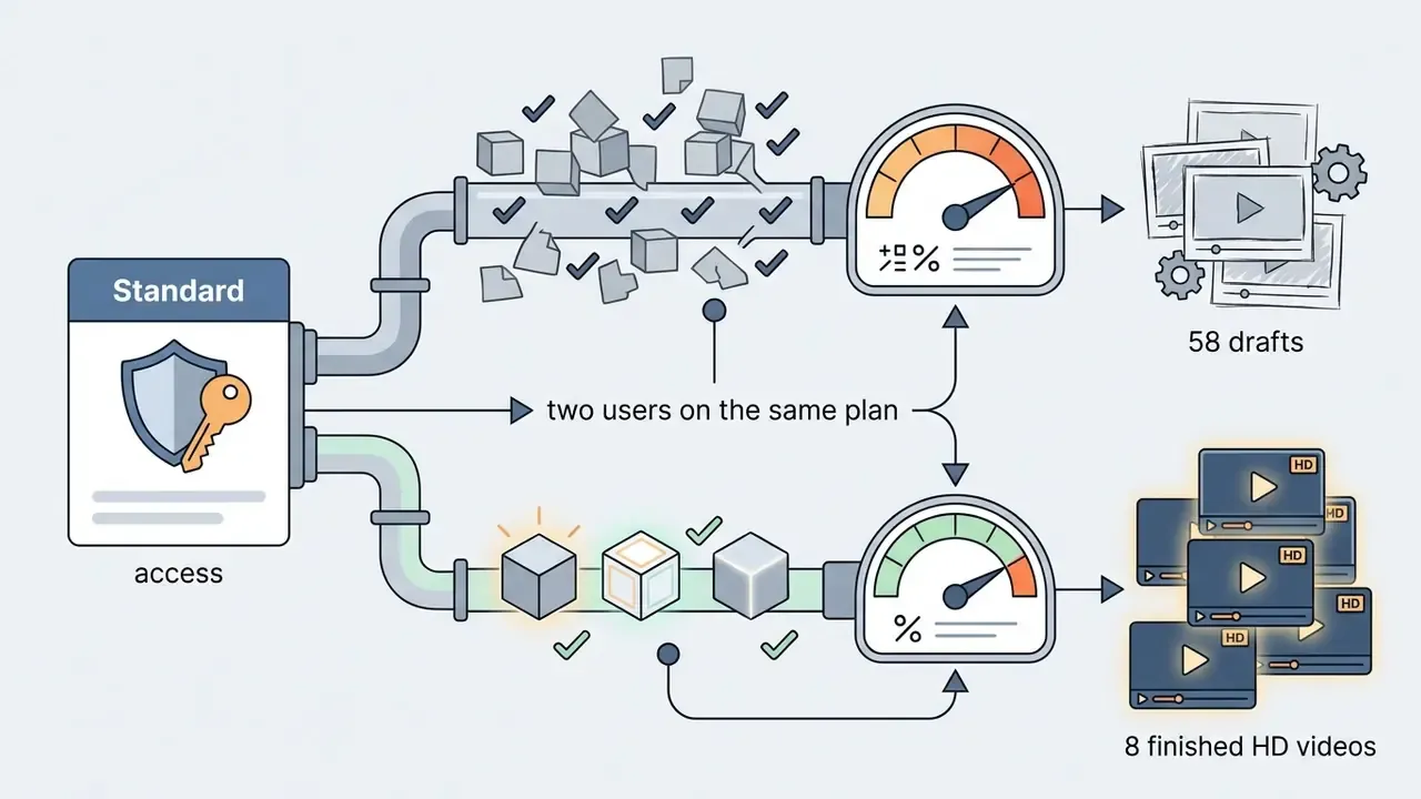 Diagram showing how two users on a Pika Labs plan consume credits to produce drafts or finished HD videos