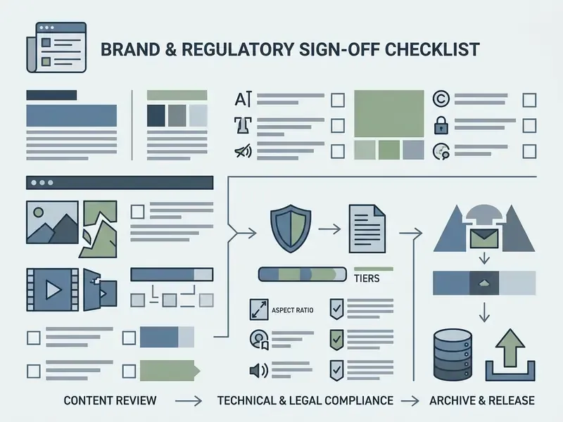 Diagram illustrating a multi-stage workflow from content review to technical compliance and final release