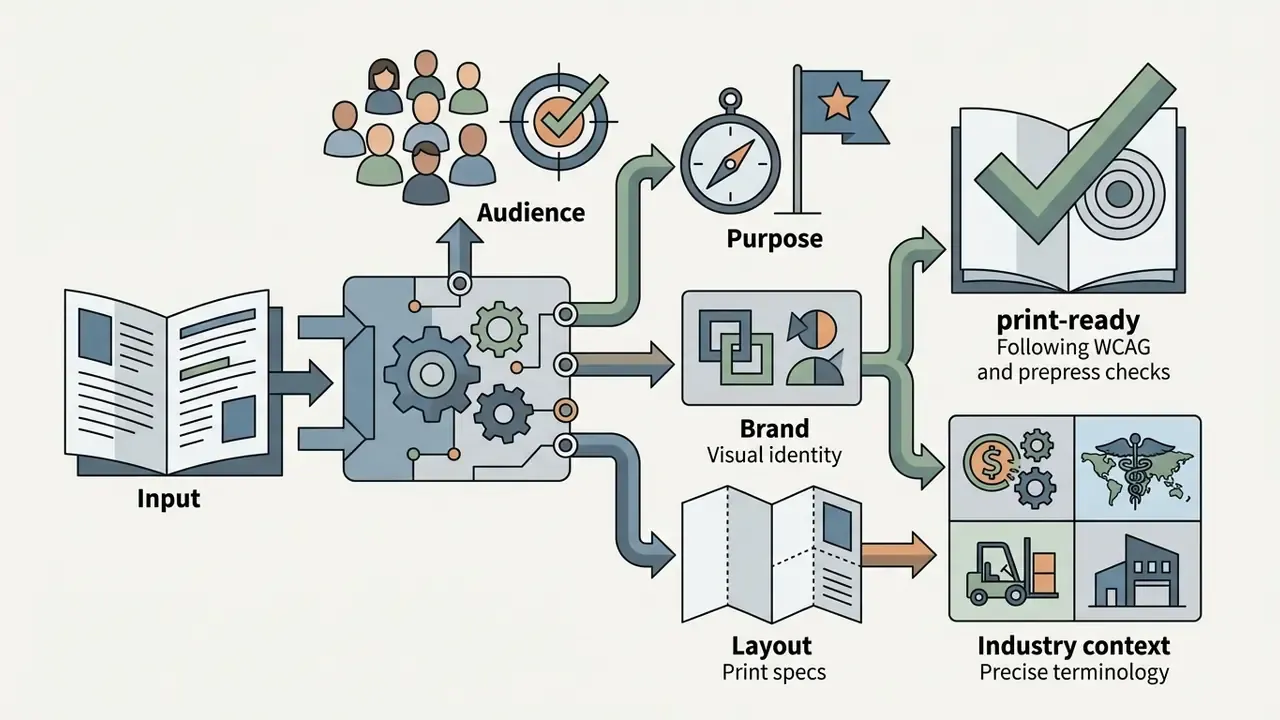 Central gear mechanism processing design inputs into audience, purpose, brand, layout, and industry context