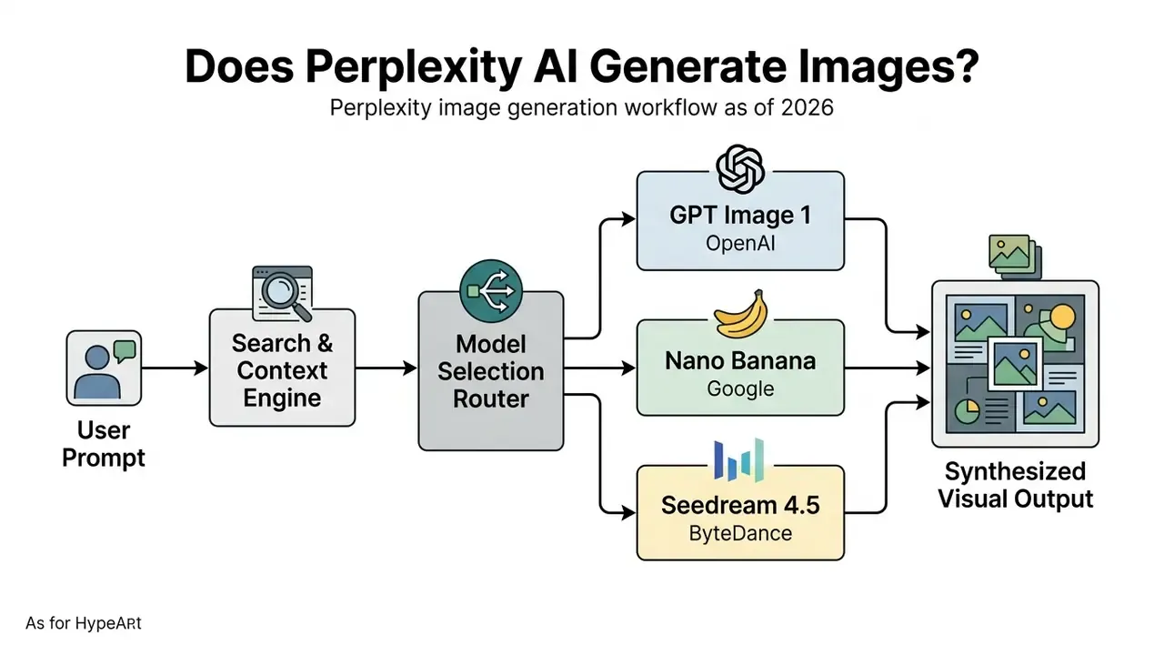 Flowchart showing a user prompt moving through a router to various AI models for visual output synthesis