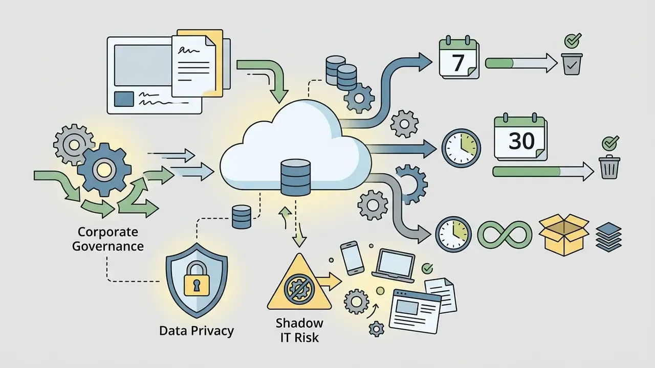 Cloud server icon branching into various data retention timelines represented by calendars and clocks