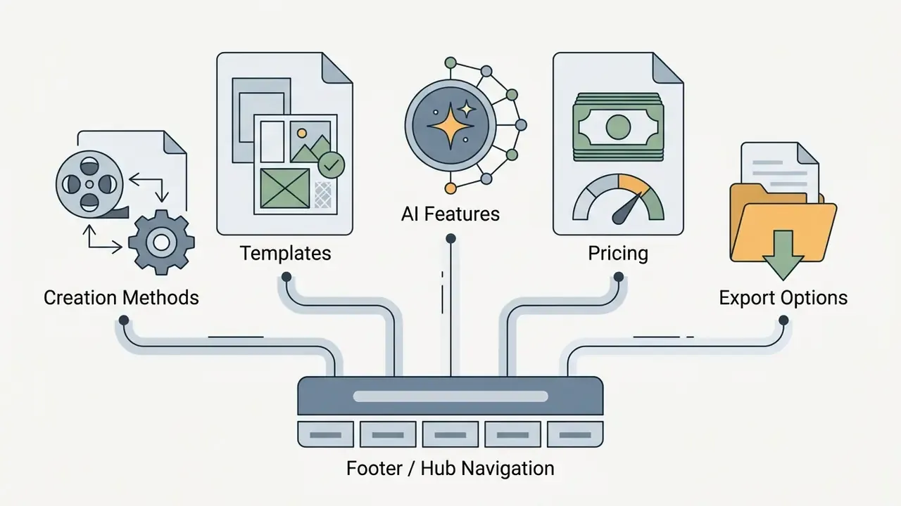 Icons for creation methods, templates, AI features, pricing, and export options connected to a base panel