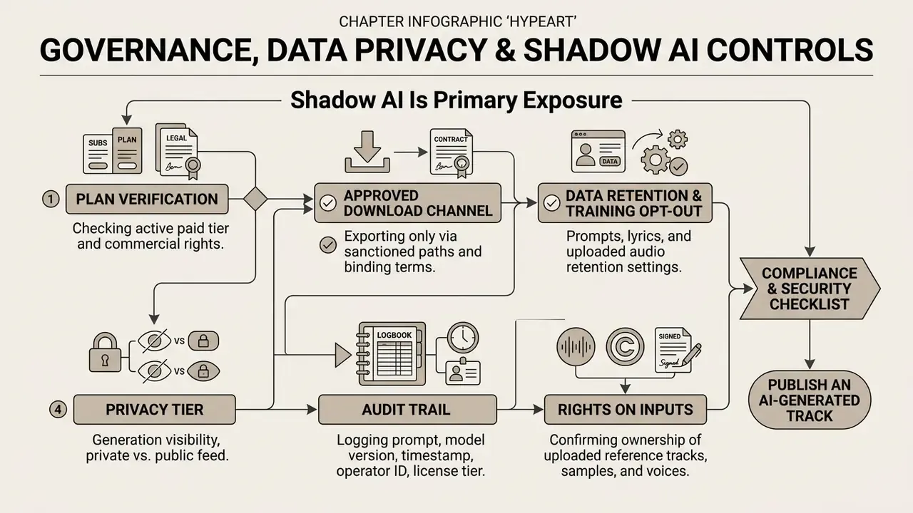Flowchart outlining the compliance and security steps required before publishing musical tracks
