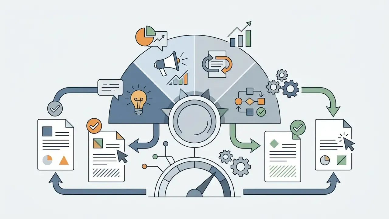 Documents circulating through a central processing hub with icons for marketing and data analysis