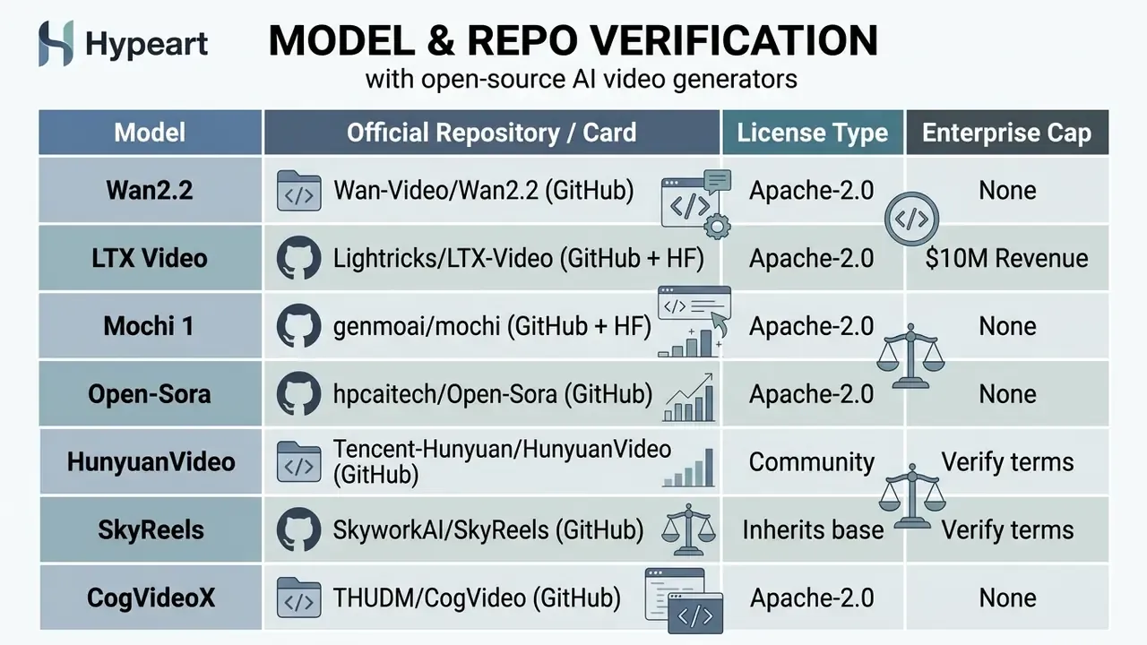 Summary table detailing repositories, license types, and enterprise caps for various AI video models