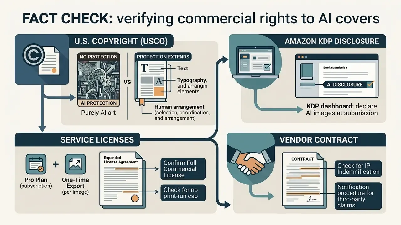 Flowchart detailing legal requirements for copyright, disclosure, licensing, and contracts for AI art