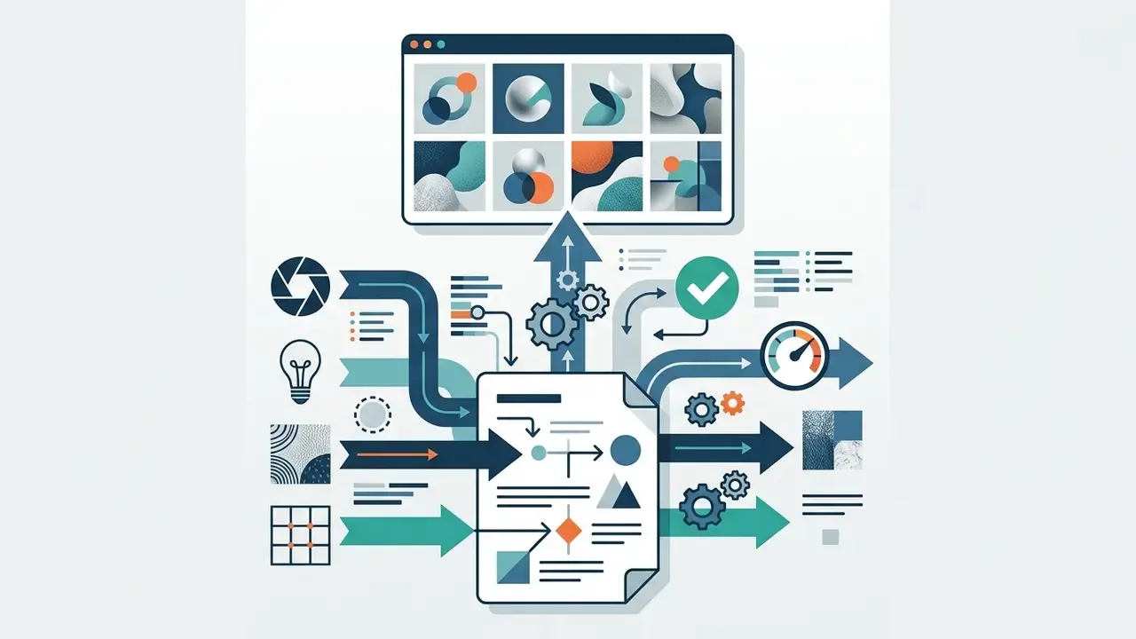 Visual representation of data inputs and technical settings flowing into a central document for AI generation