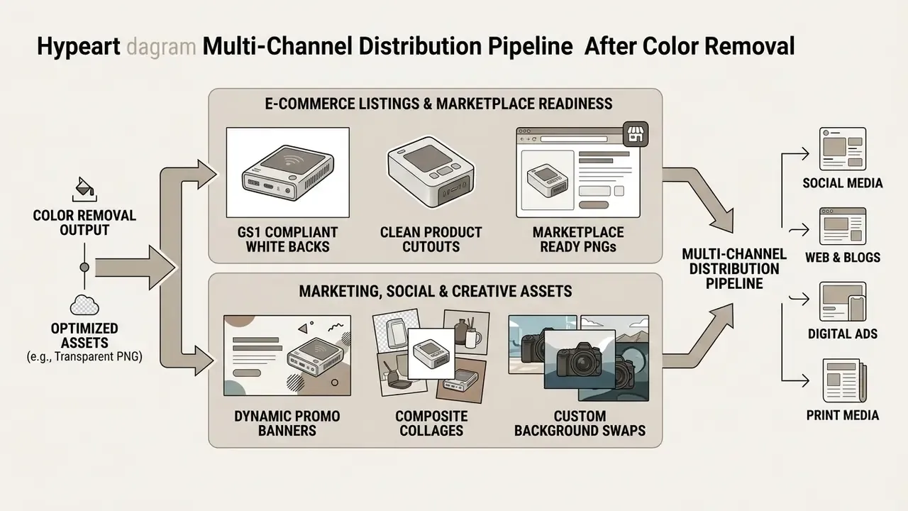 Diagram showing how color remover output is processed for e-commerce listings and marketing assets