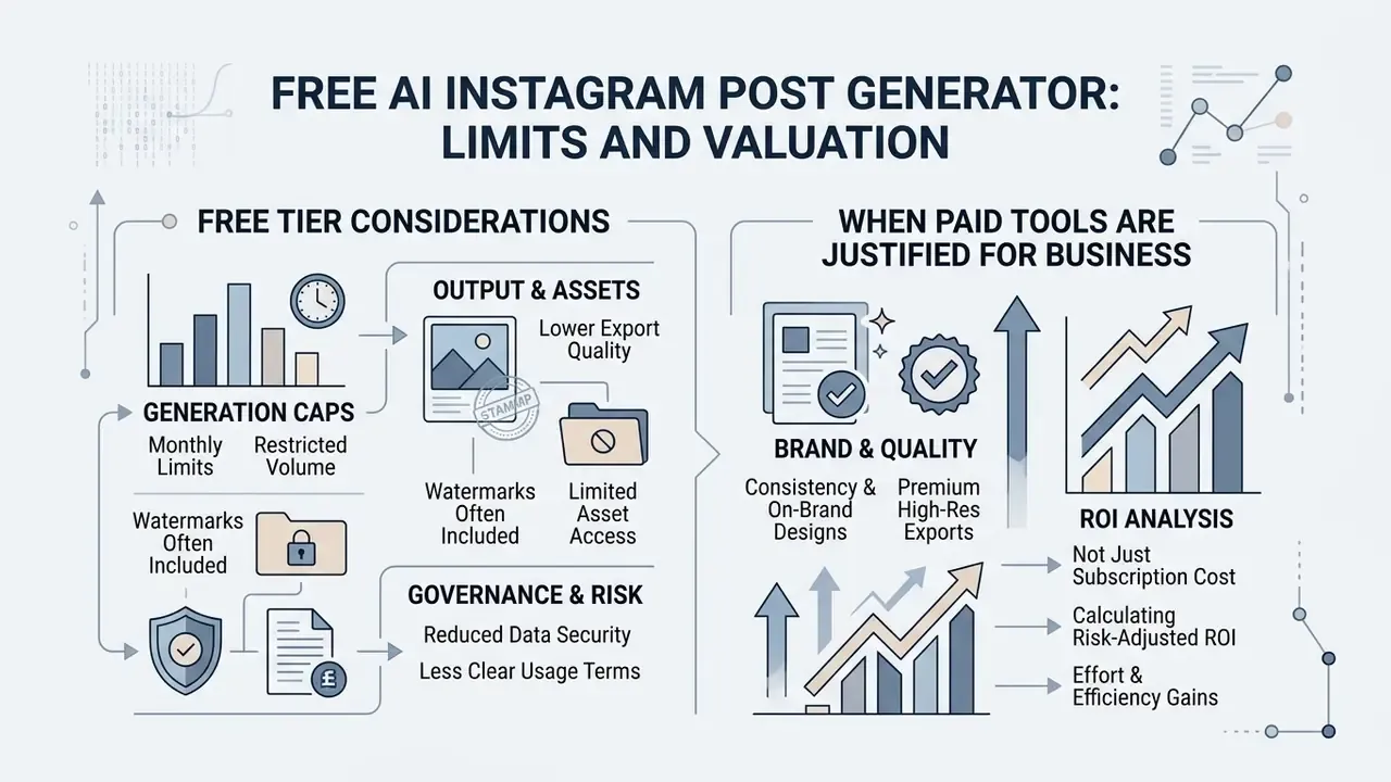 Infographic comparing free tier limitations against business justifications for paid social media tools