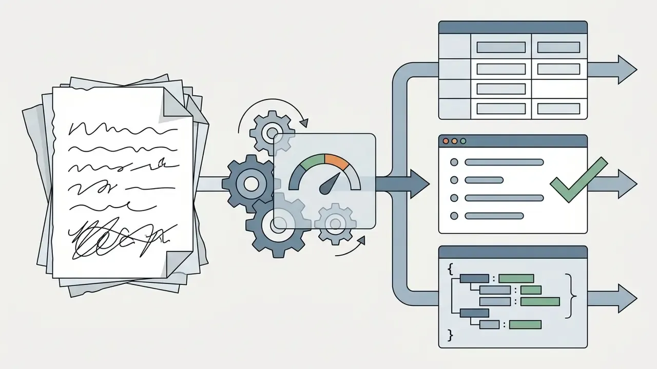 Unstructured notes passing through a gear system to be converted into tables, bulleted lists, and JSON data