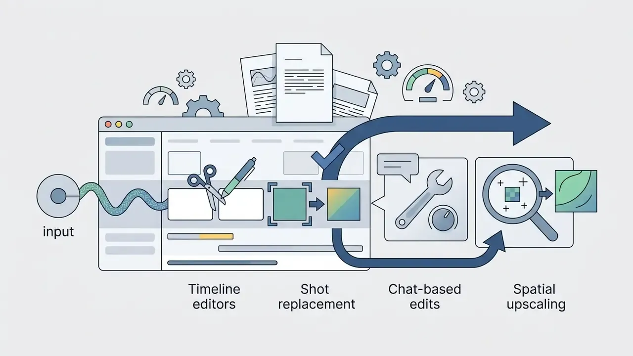 Timeline interface with editing tools, chat-based adjustments, and spatial upscaling icons