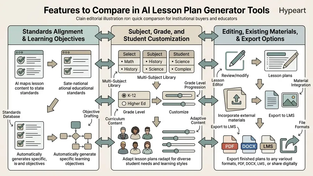 Diagram detailing standards alignment, student customization, and export options for educational software