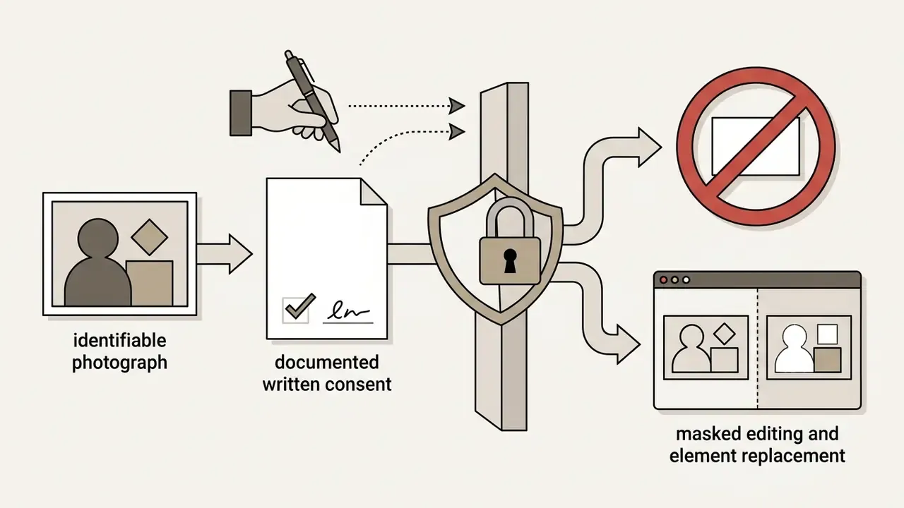 Hand signing a consent document to pass a shield gate for permitted image editing and replacement