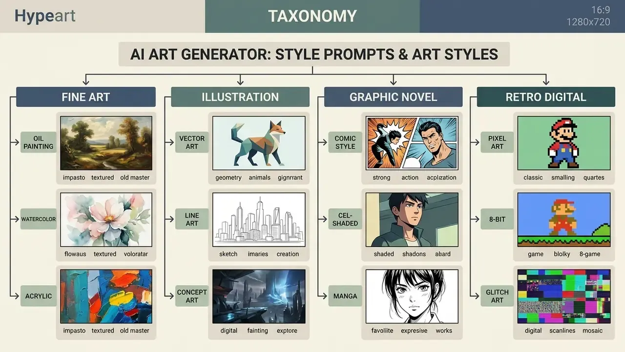 Hierarchical taxonomy chart categorizing various artistic mediums and styles for AI art generator prompts