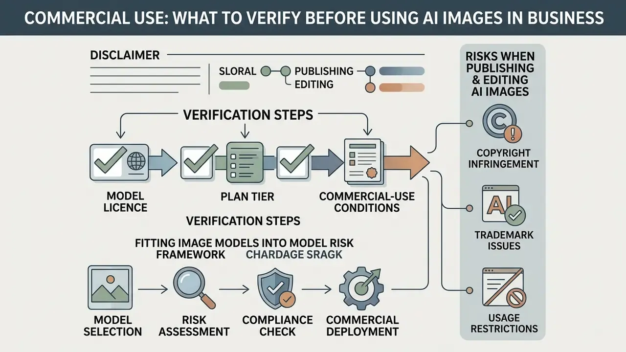 Process map detailing verification steps for licensing and risk management when using generated media