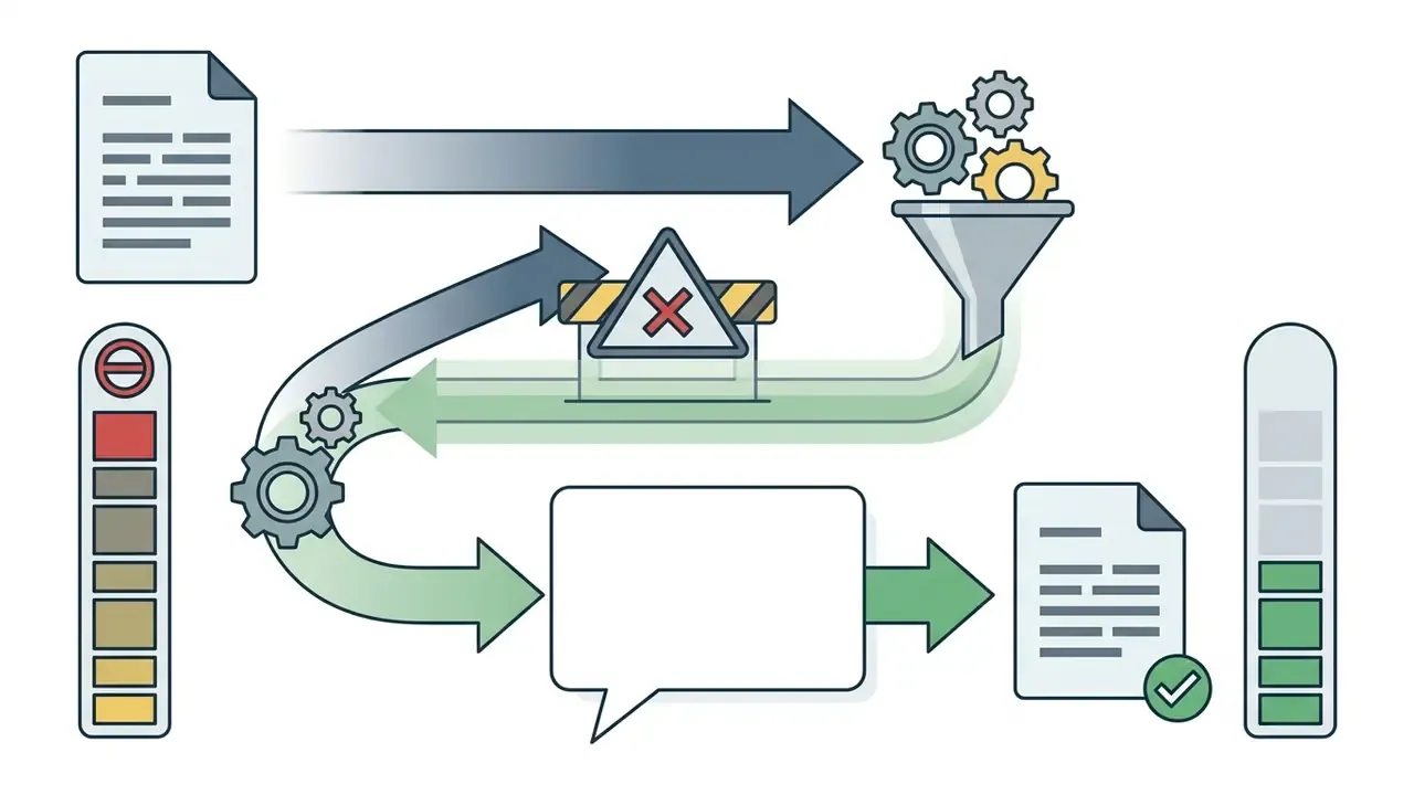 Process flow showing text input passing through a filter and gears to reach a clean output message