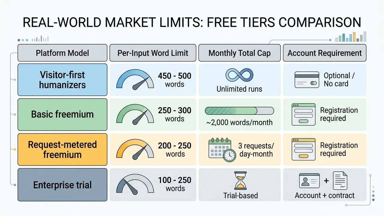 Comparison grid showing word limits, monthly caps, and account requirements for different service models