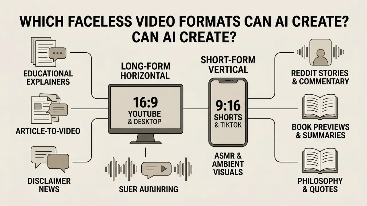 Diagram showing various content types feeding into horizontal and vertical faceless AI video formats