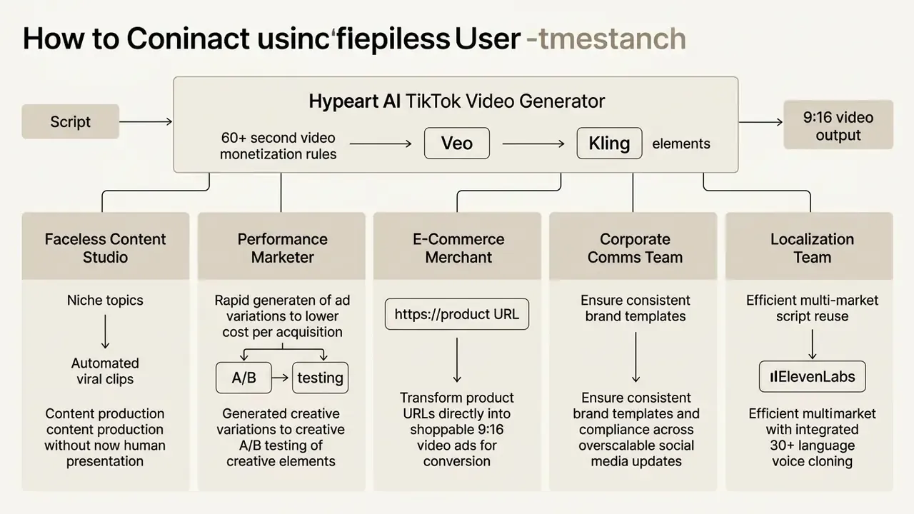 Flowchart mapping business use cases for an automated video generation platform across five departments