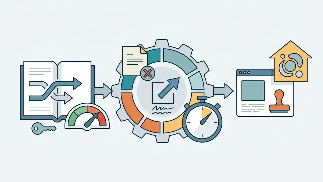 Icons representing compliance checks for AI landscape generator outputs including speed and legal validation