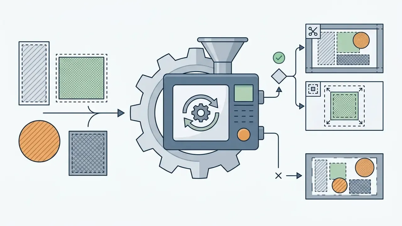 Diagram showing various shapes being processed through a central machine to demonstrate cropping and padding