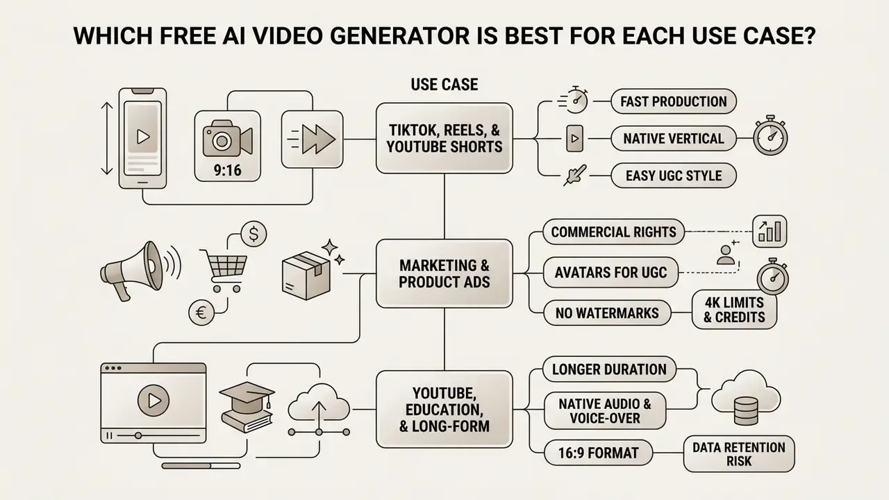 Diagram mapping AI video generator features to specific use cases like social media and long-form content