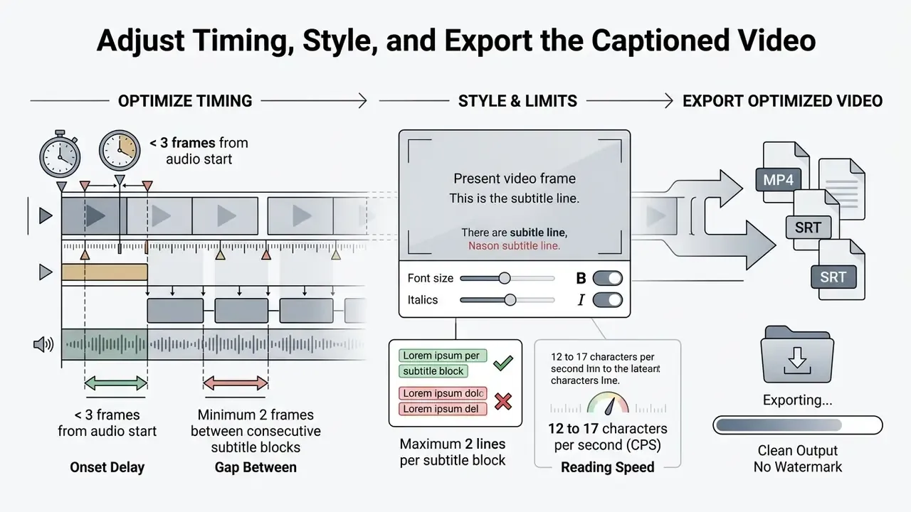 Timeline showing subtitle timing adjustments, style customization, and final file export options